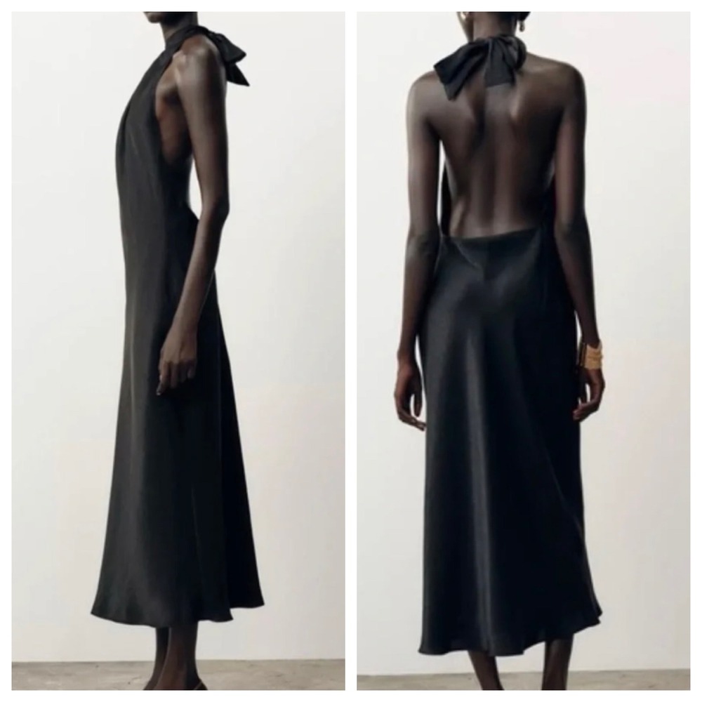 Zara Black Satin Halter Midi Dress Open Back Tie Neck 8807/399/800 NWT Size S